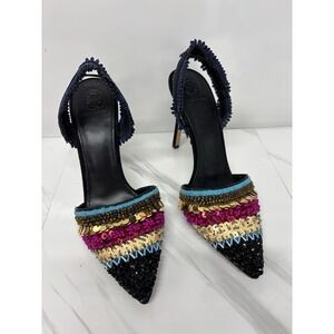 Tory Burch Isle Beaded Slingback 105mm Pump Sequins Black Multi-Color 8M Heels